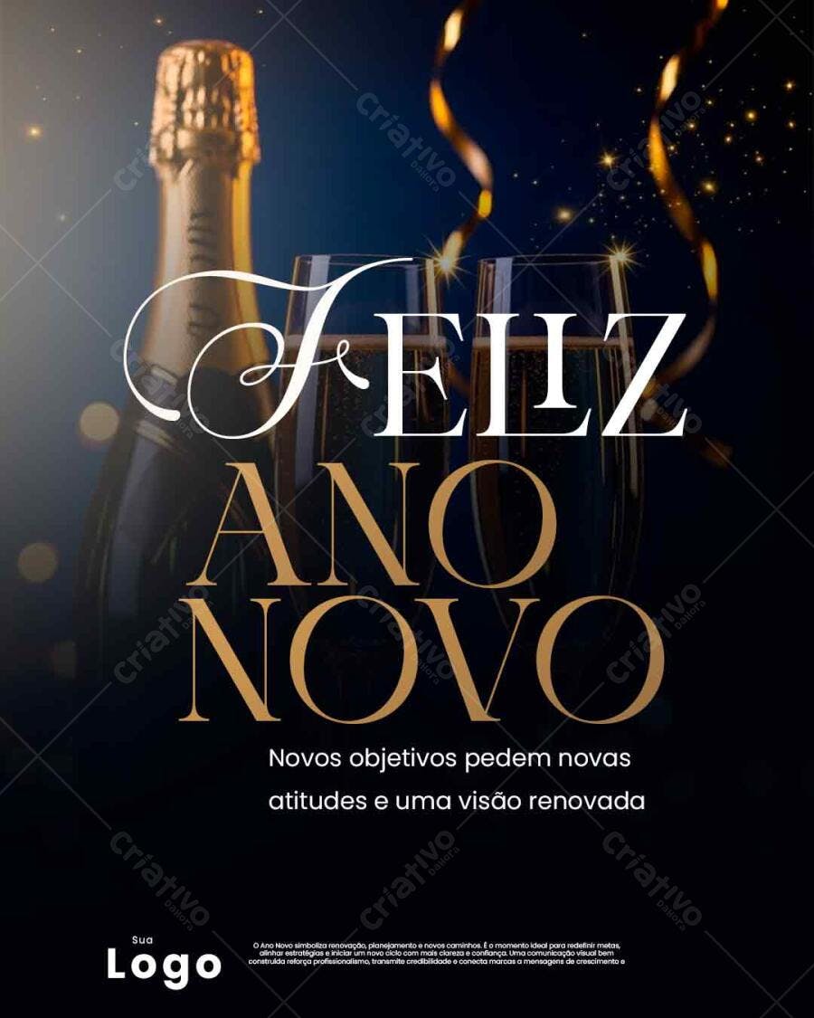 Flyer Ano Novo com Champanhe Dourado PSD Editável