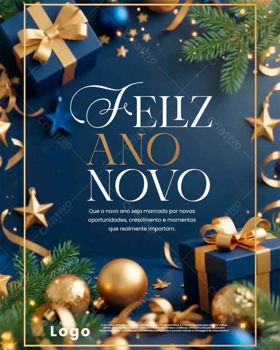 Post Feliz Ano Novo Azul e Dourado PSD Editável