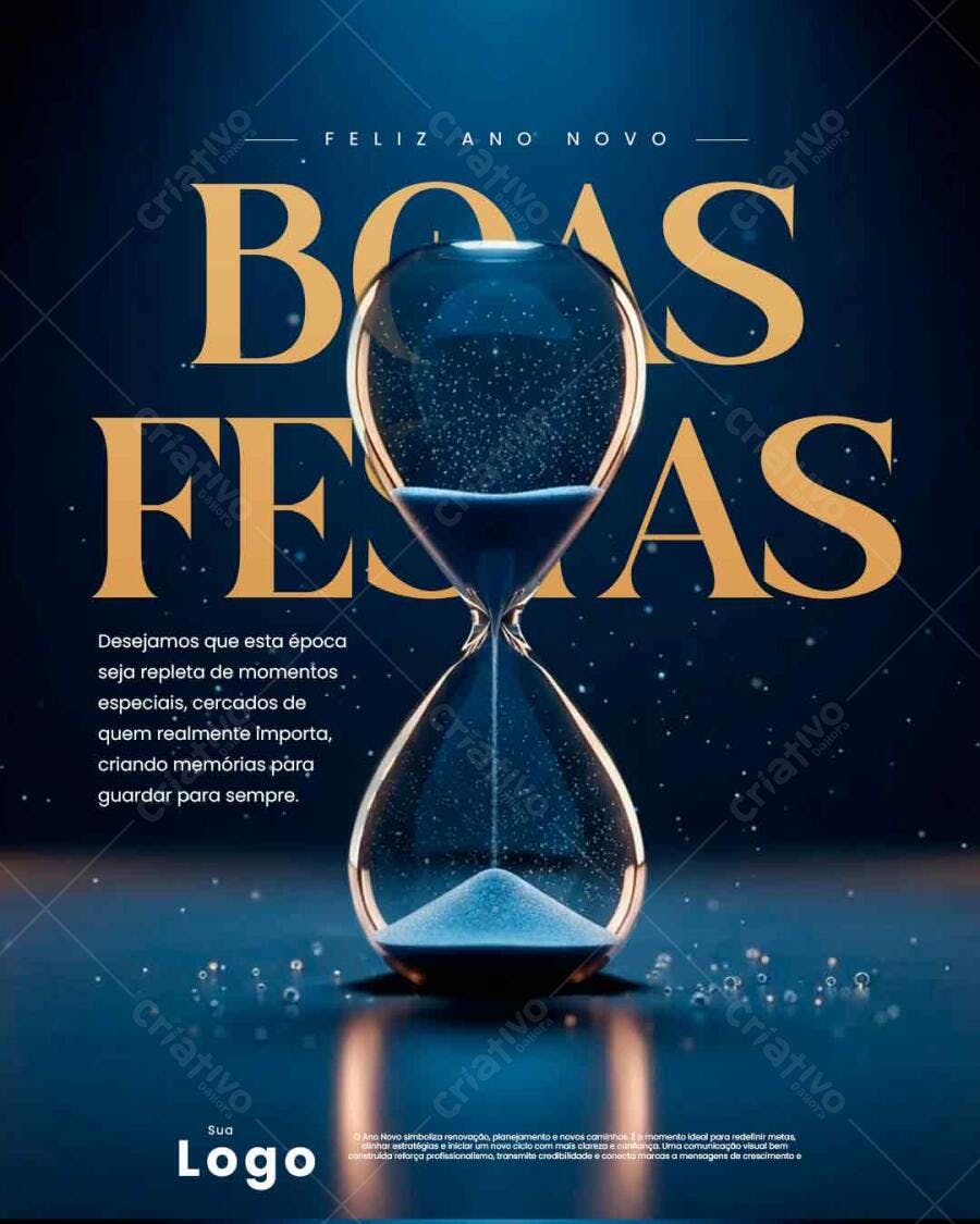 Post de Boas Festas e Ano Novo Dourado com Ampulheta PSD Editável