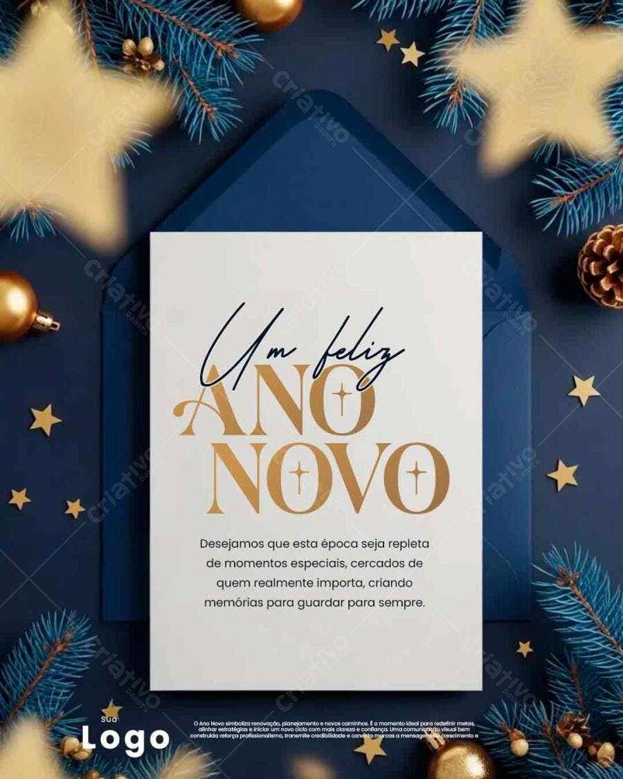 Cartão de Ano Novo Elegante Azul Dourado "Um feliz ANO NOVO" PSD Editável