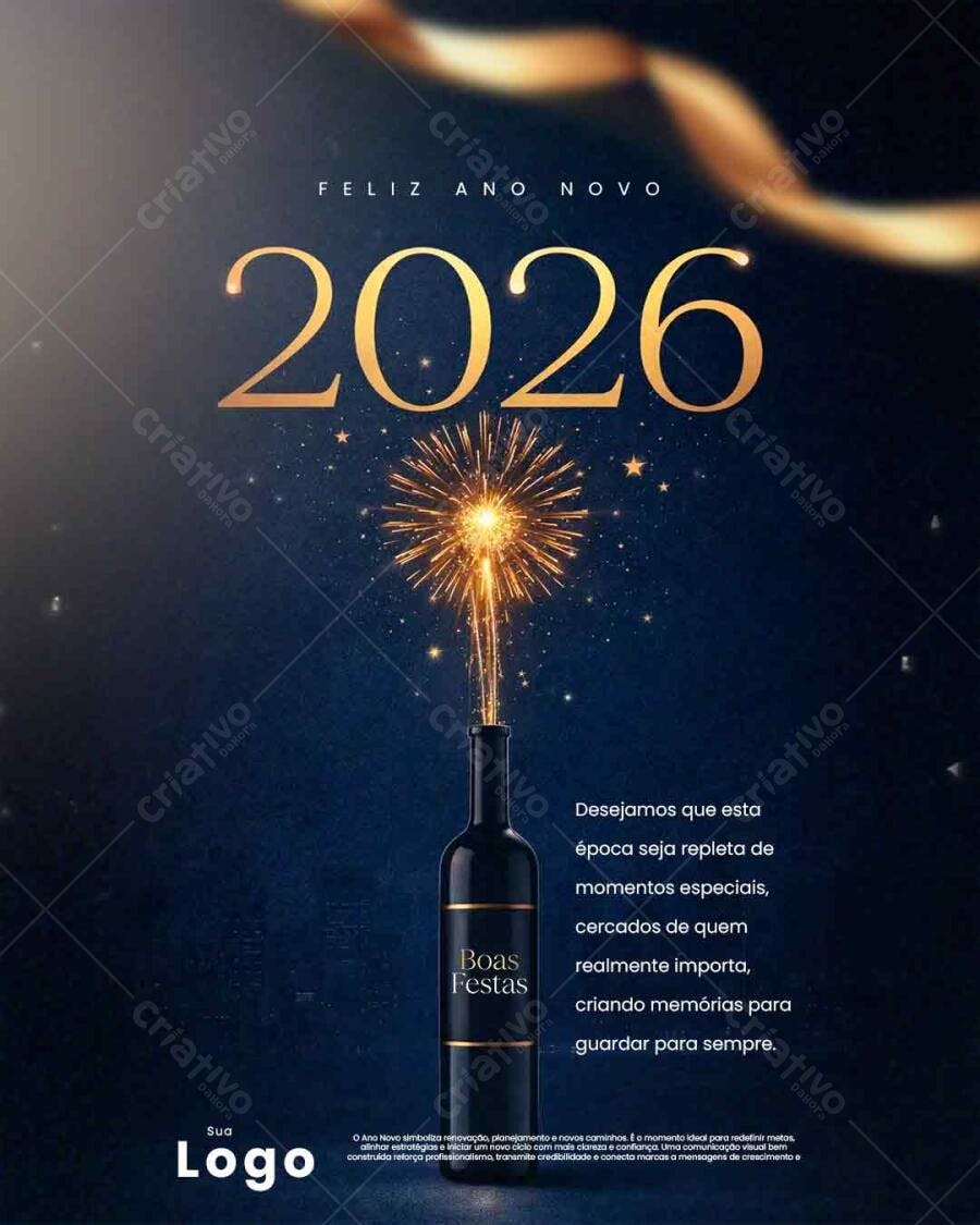 Flyer Digital Feliz Ano Novo 2026 Garrafa Fogos Dourados PSD Editável