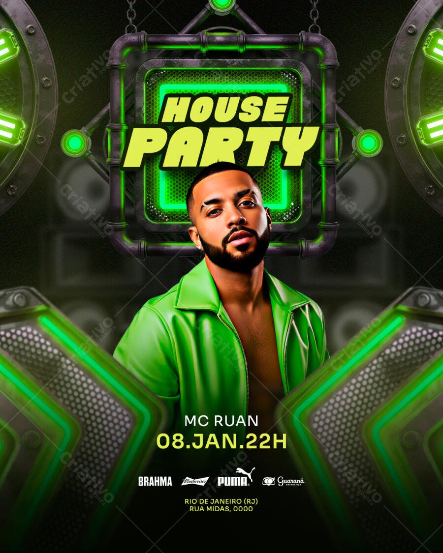 Flyer para House Party MC Ruan Neon Verde Industrial PSD Editável