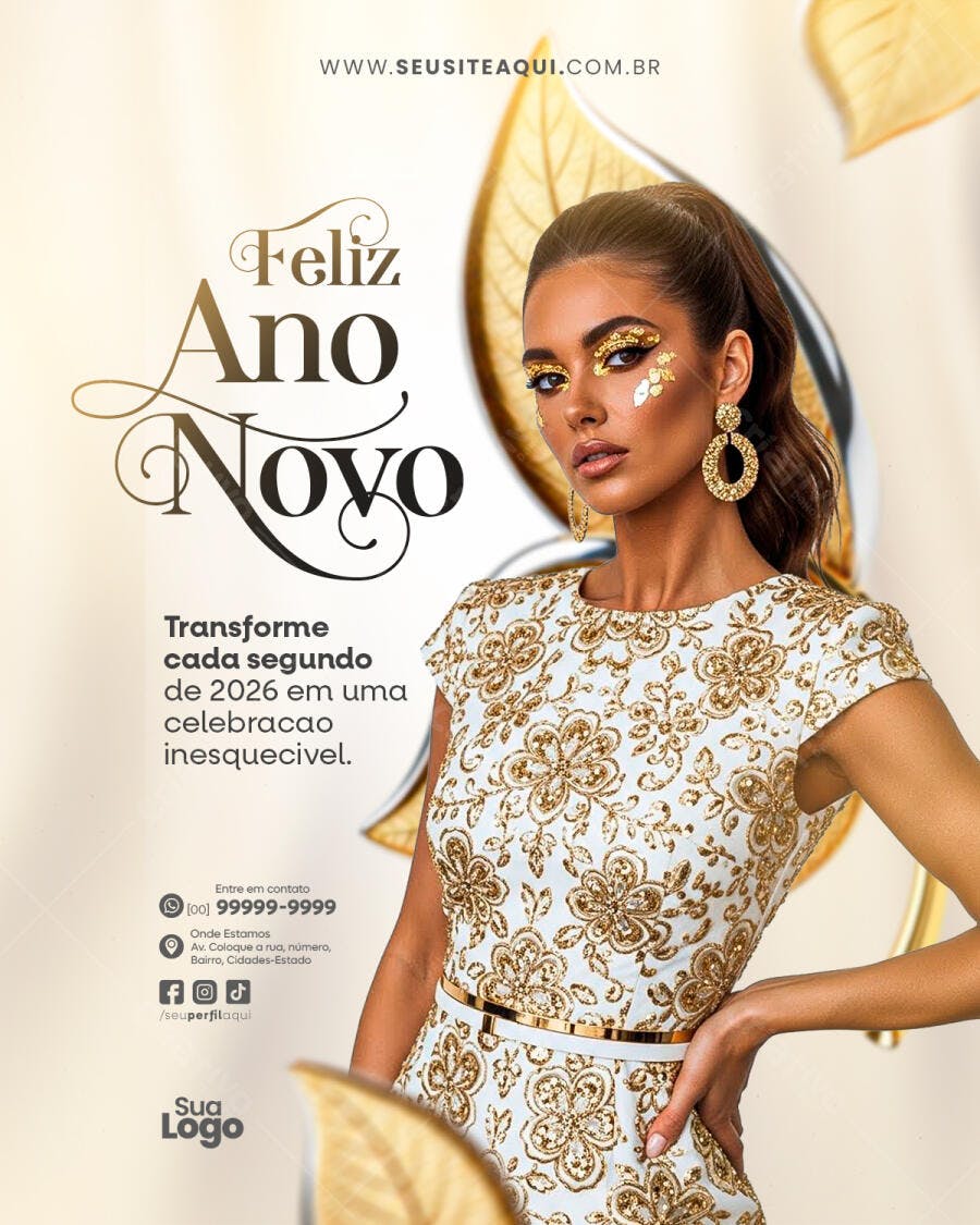 Flyer para Ano Novo 2026 com Modelo em Dourado PSD Editável