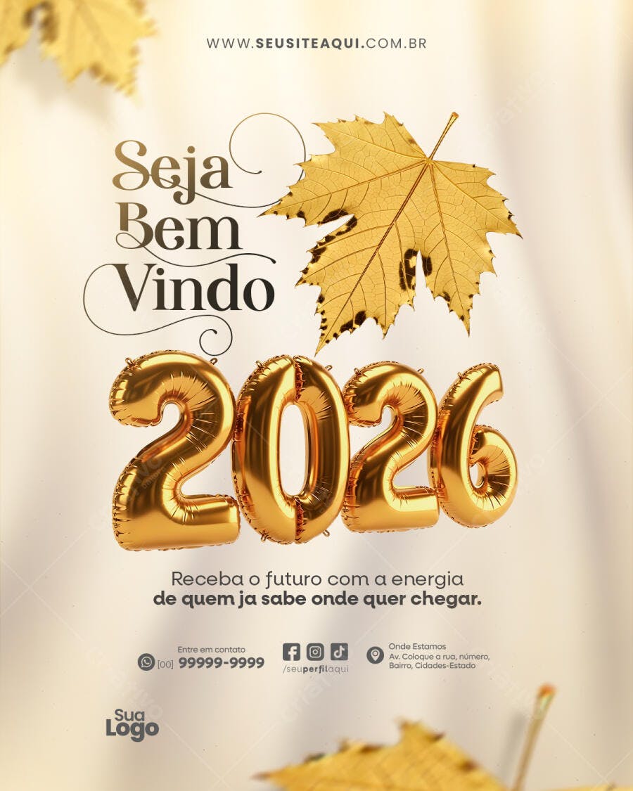 Flyer Boas Vindas 2026 com Balões Dourados PSD Editável