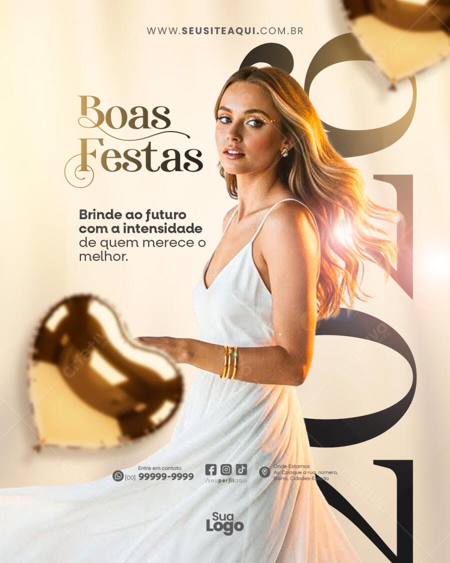 Post Boas Festas Ano Novo Glamour Mulher Vestido Branco PSD Editável