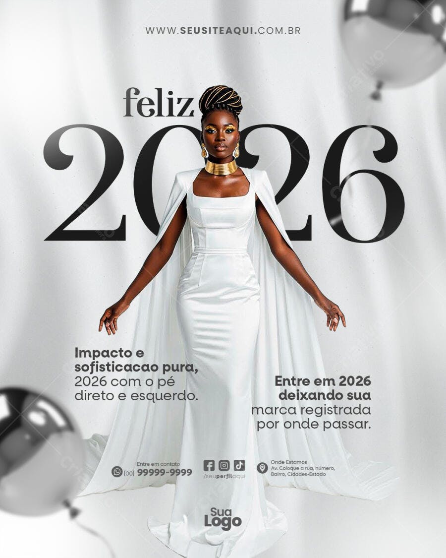 Flyer para Feliz 2026 Mulher Negra Elegante PSD Editável