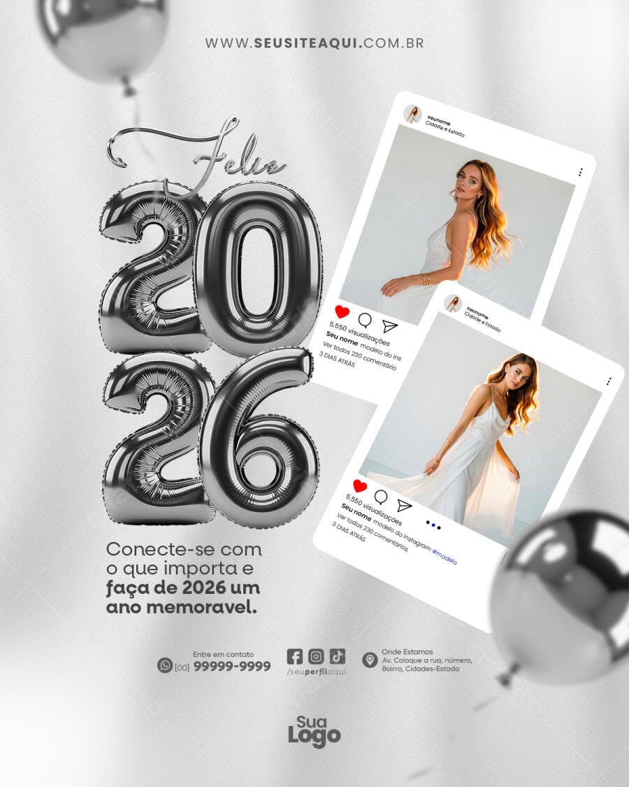 Post Redes Sociais para Feliz Ano Novo 2026 PSD Editável