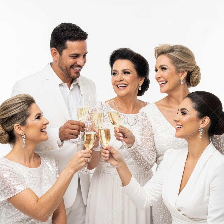 Grupo de cinco pessoas sorrindo em branco brindando com taças de champanhe