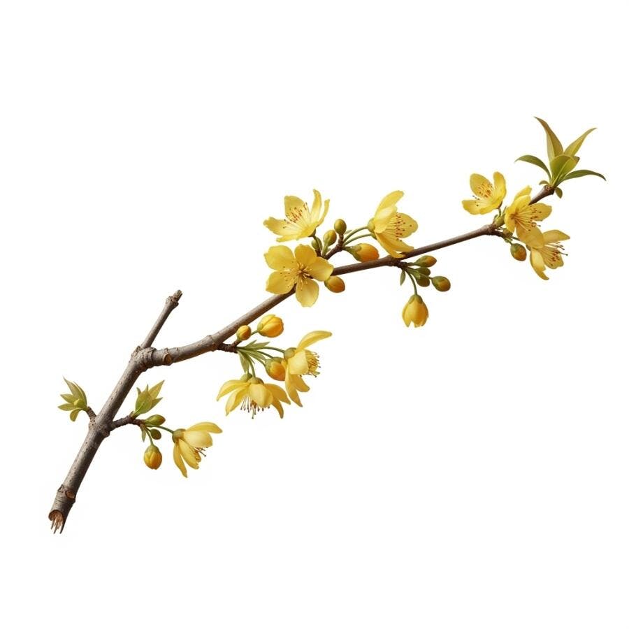 Ramo de flores amarelas vibrantes com brotos e folhas verdes em fundo branco