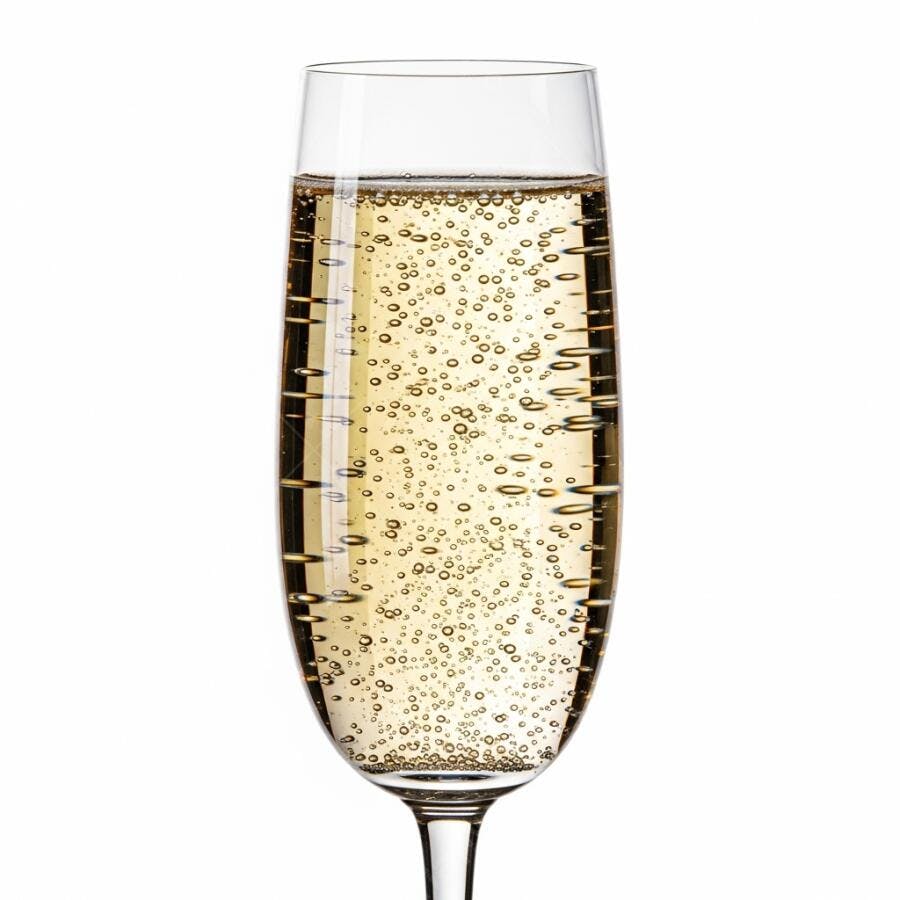 Taça de champanhe dourado com muitas bolhas efervescentes em fundo branco