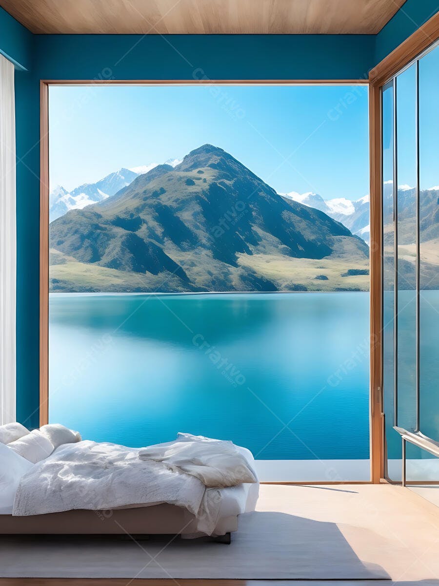 Quarto moderno com vista panorâmica para lago e montanhas nevadas