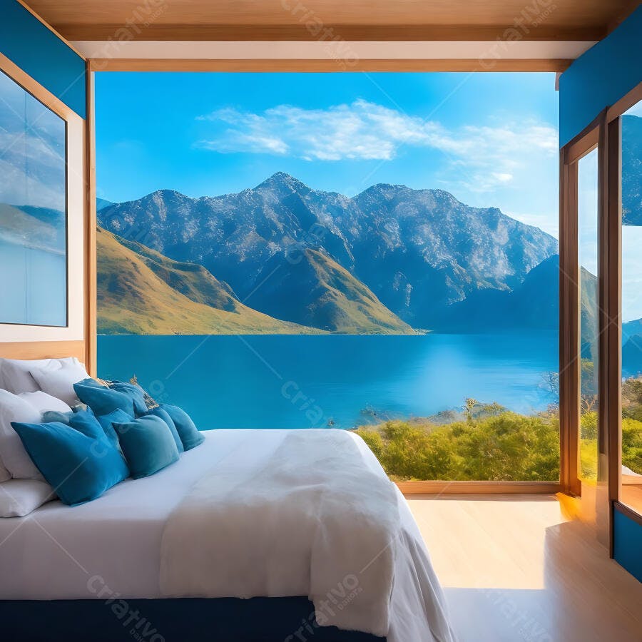 Quarto moderno com vista panorâmica para lago e montanhas azuis