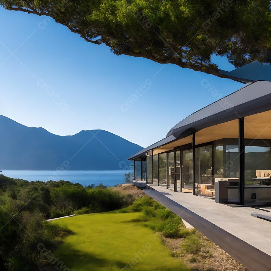 Casa moderna à beira do lago com montanhas e céu azul claro