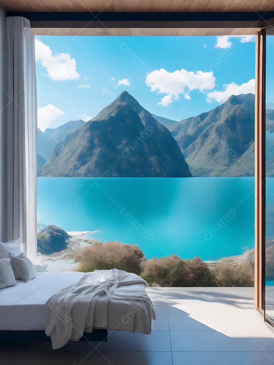 Quarto moderno com vista panorâmica para lago azul e montanhas verdes