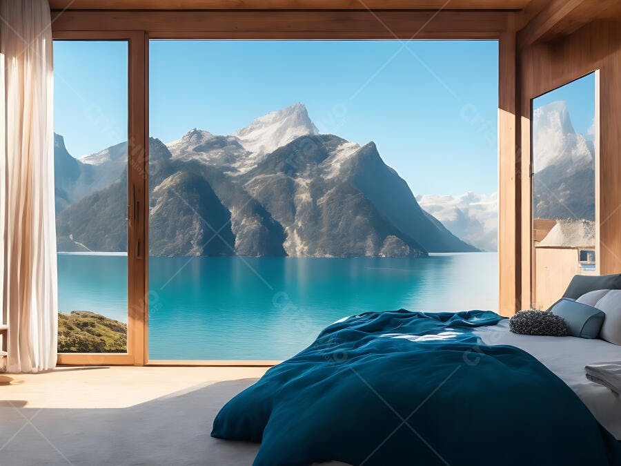 Quarto moderno com vista panorâmica para lago alpino e montanhas