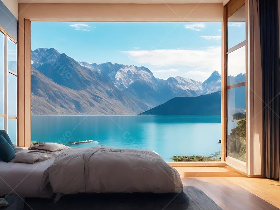 Quarto com vista deslumbrante para lago e montanhas nevadas