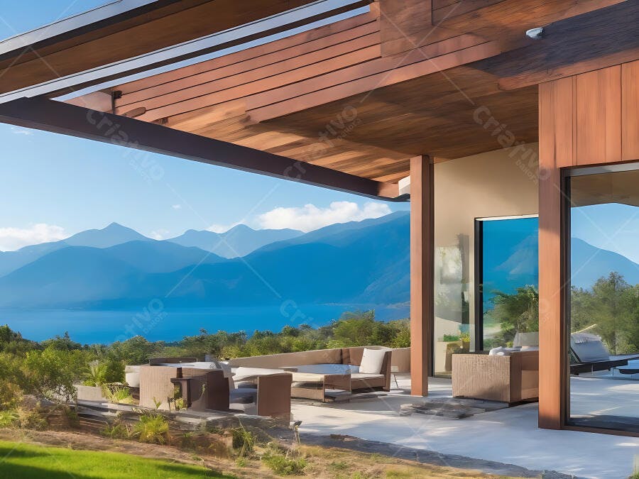 Pátio externo moderno com mobília de vime vista para lago e montanhas azuis