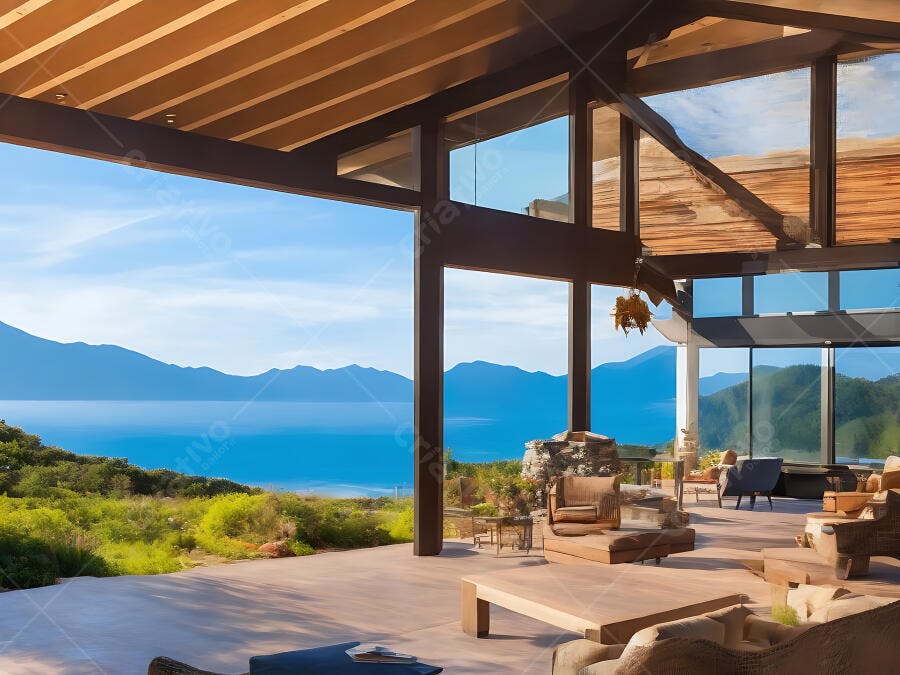 Arquitetura moderna com sala de estar e vista para lago azul e montanhas verdes