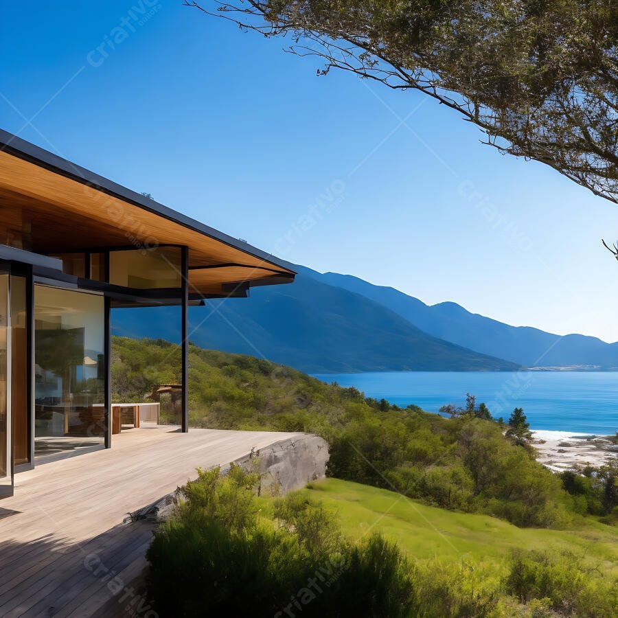 Casa moderna com deck de madeira vista para lago e montanhas céu azul