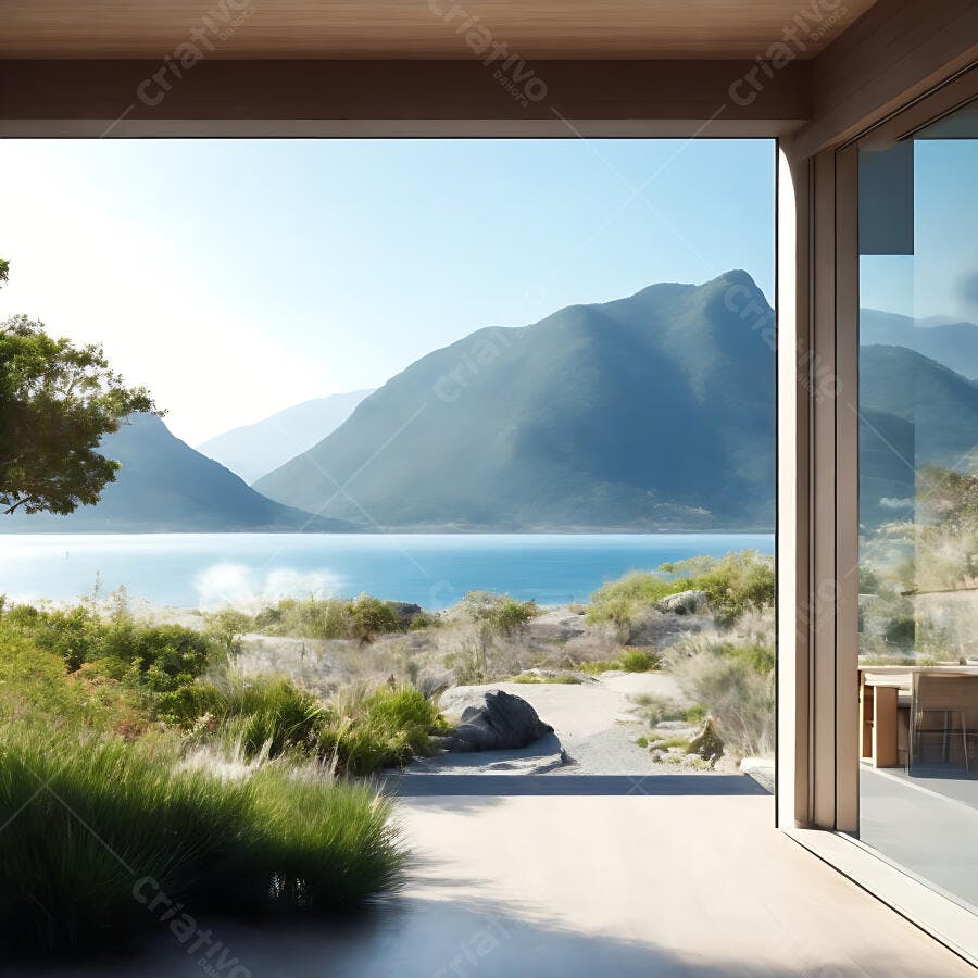 Vista deslumbrante lago montanhas arquitetura moderna casa luxo natureza serena
