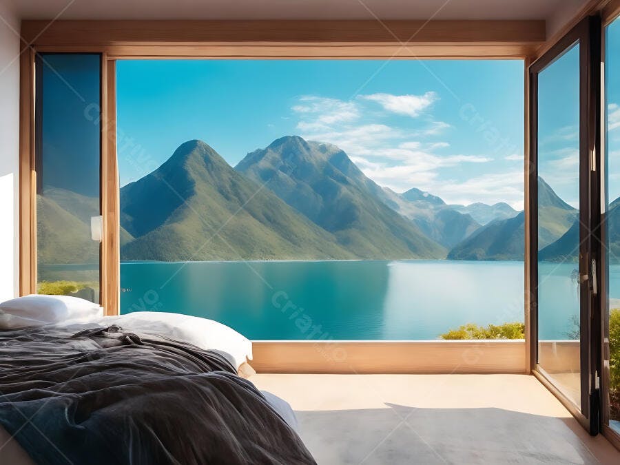 Quarto com cama cinza e vista panorâmica para lago e montanhas azuis