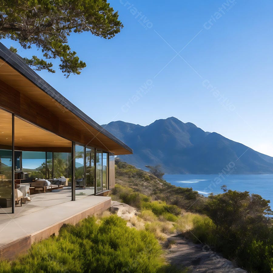 Casa moderna de luxo na montanha com vista para o mar azul