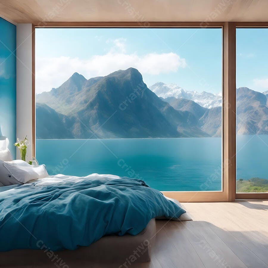 Quarto com cama azul e vista panorâmica para lago e montanhas nevadas na janela