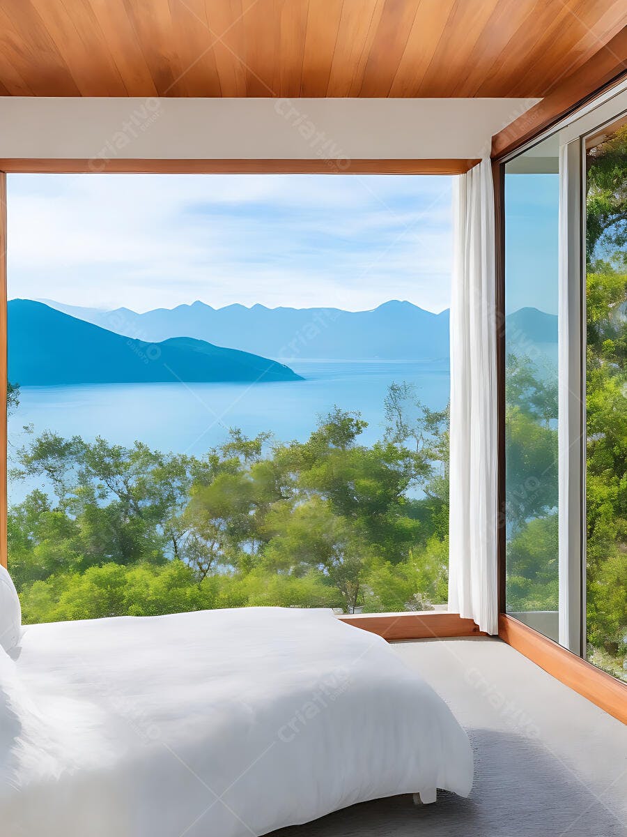 Quarto moderno com cama branca e vista panorâmica para lago e montanhas azuis