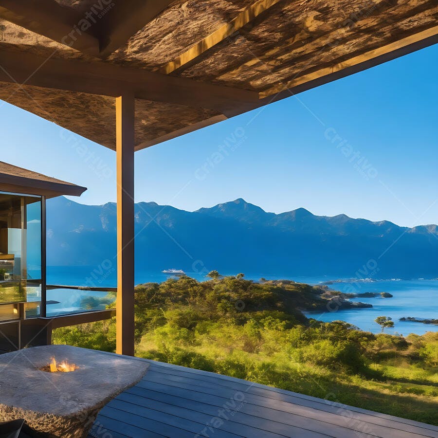 Vista panorâmica de montanhas e lago com varanda moderna e lareira