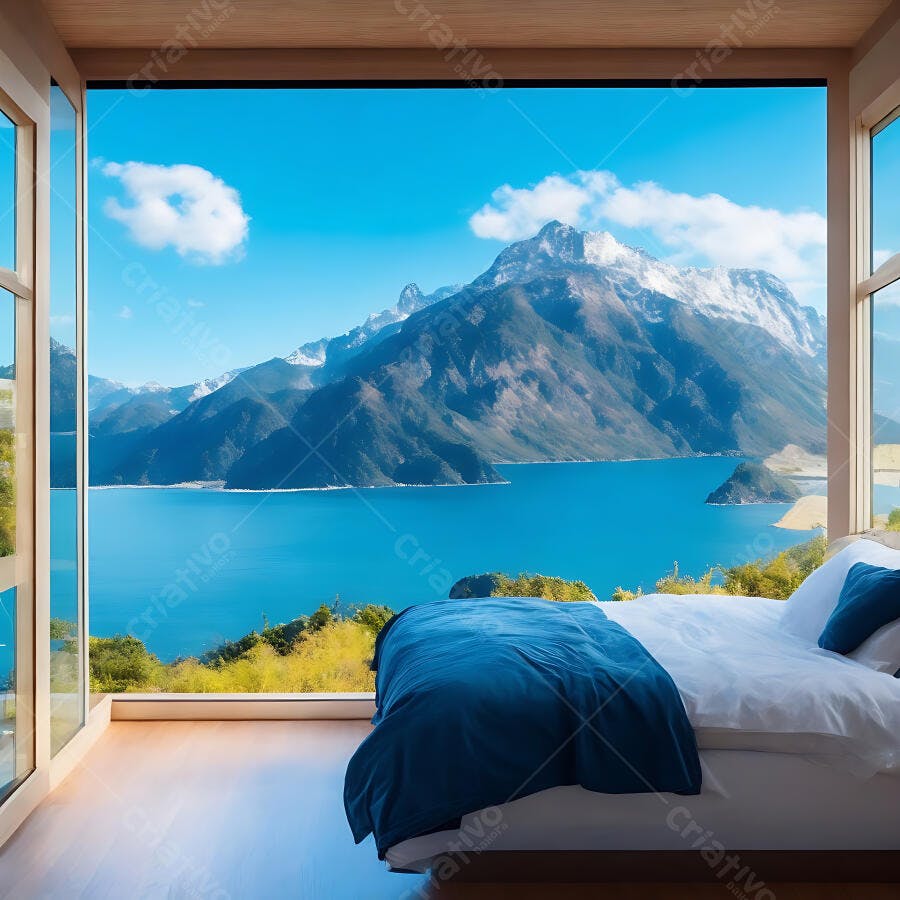 Quarto com vista panorâmica para lago azul e montanhas nevadas