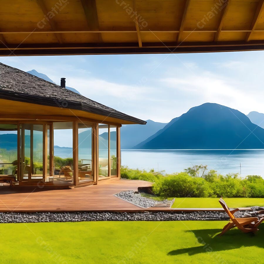 Casa moderna com deck de madeira e vista para lago e montanhas
