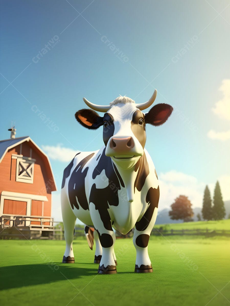 Vaca branca e preta sorrindo em pasto verde com celeiro vermelho e céu azul