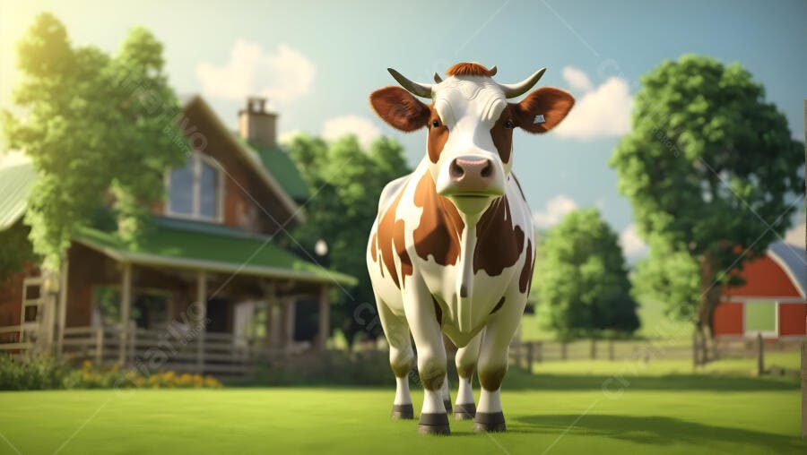 Vaca holandesa branca e marrom em fazenda verde ensolarada