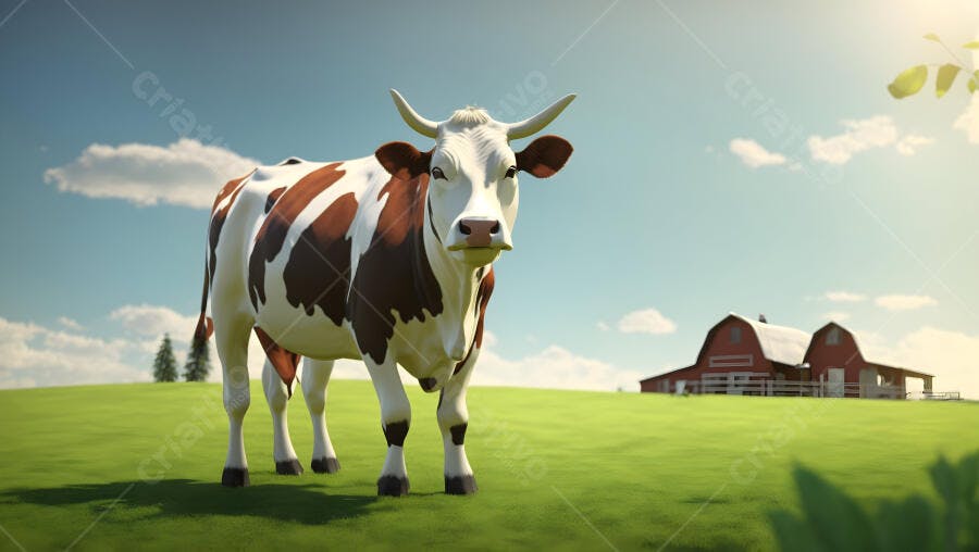 Vaca branca e marrom com chifres em pasto verde ensolarado fazenda