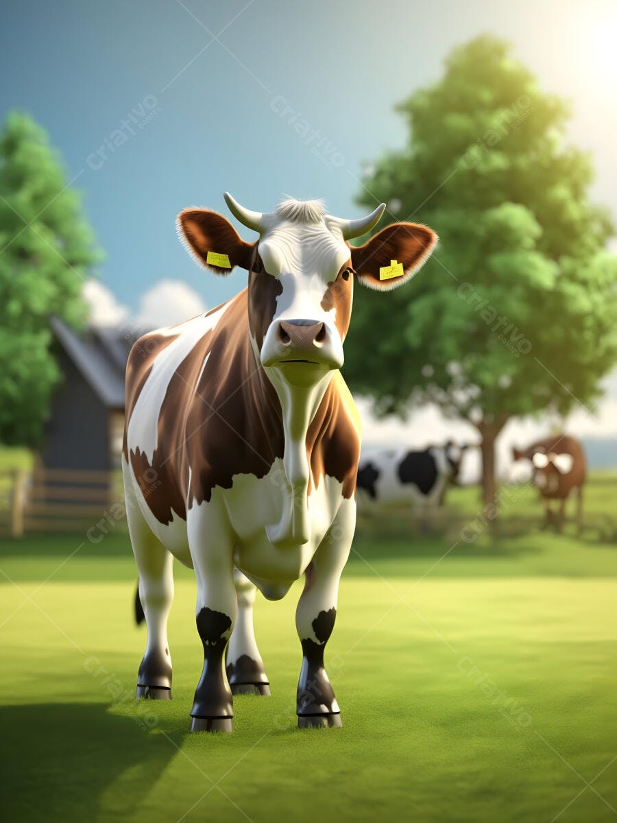 Vaca branca e marrom com etiquetas amarelas pastando em fazenda verde sob sol