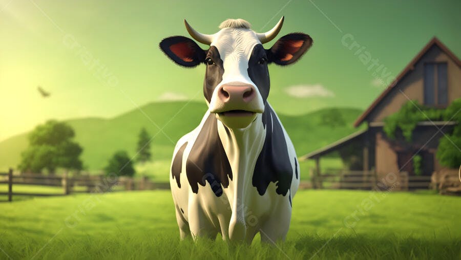 Vaca Holstein preta e branca em campo verde ensolarado na fazenda