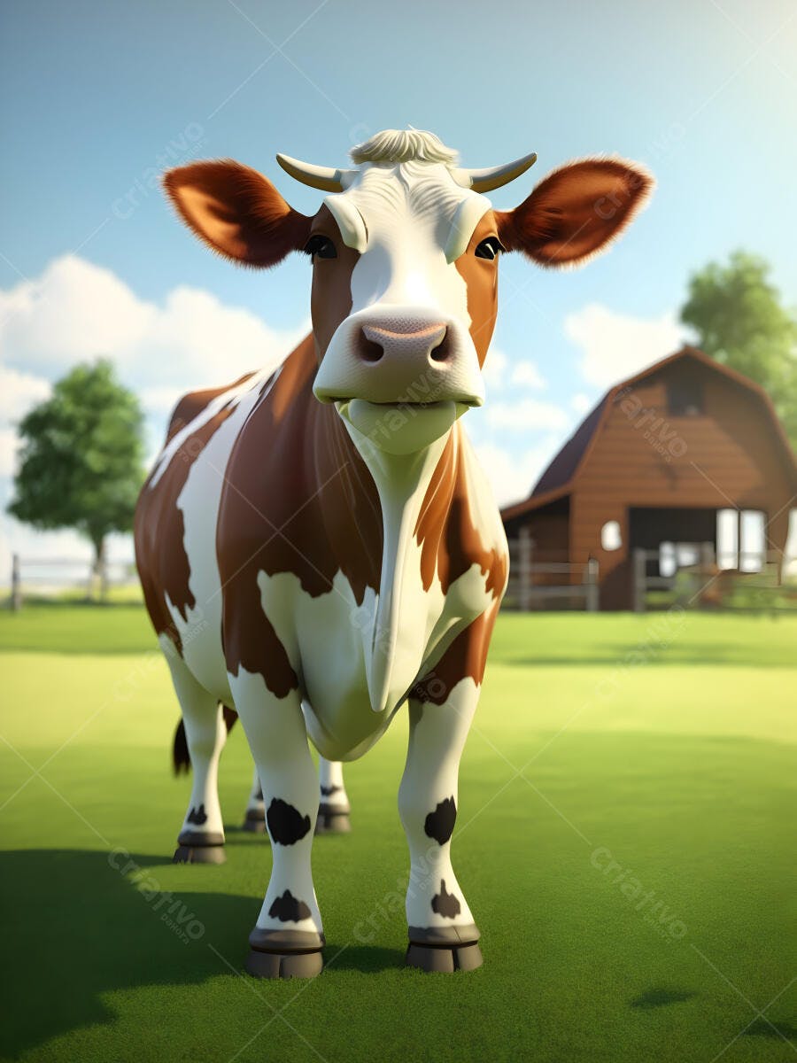 Vaca marrom e branca estilo desenho animado em campo verde com celeiro