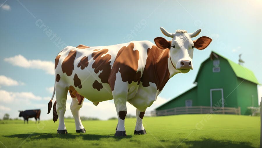 Vaca malhada marrom e branca em pasto verde claro com celeiro ao fundo