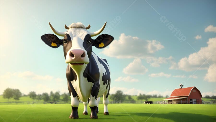 Vaca preta e branca sorrindo em campo verde ensolarado com celeiro vermelho rural