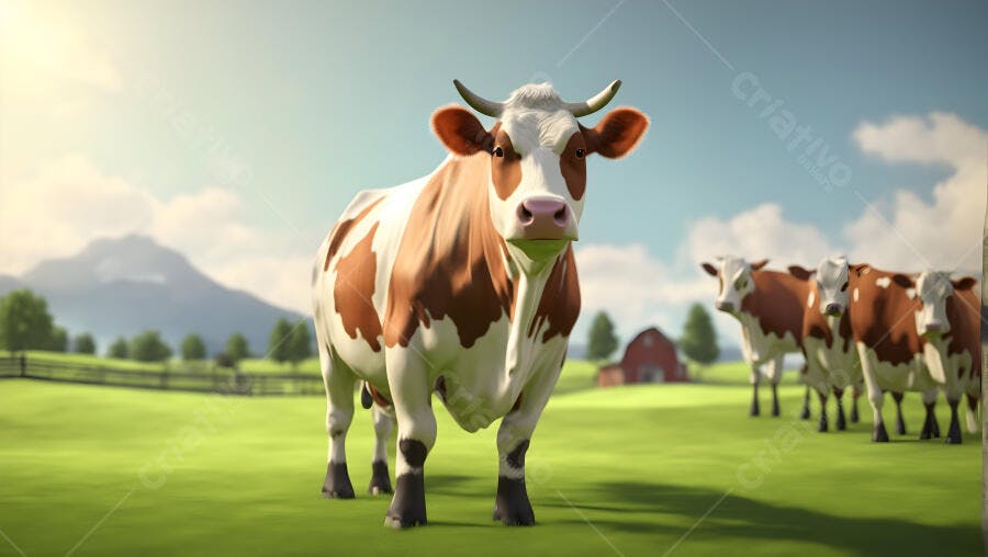 Vaca holandesa marrom e branca em pasto verde ensolarado