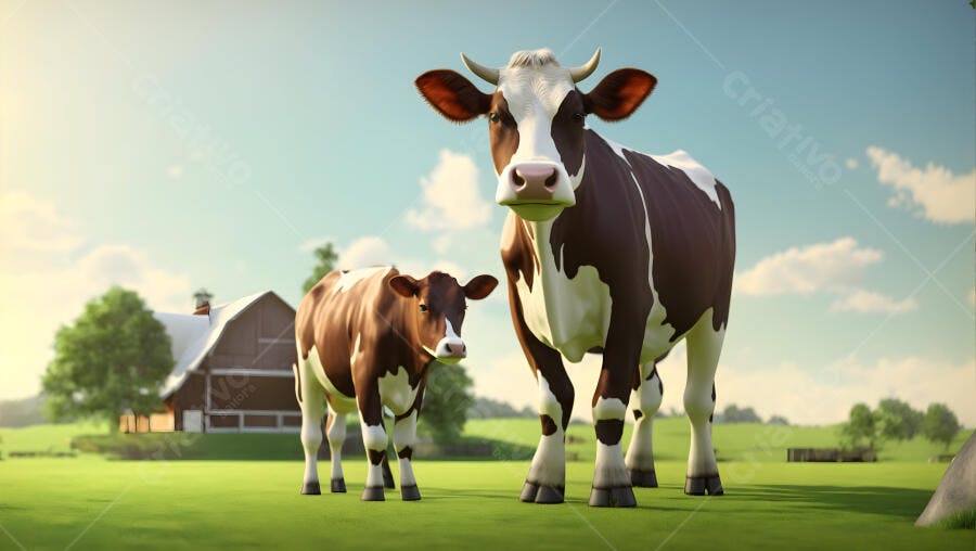 Vacas marrons e brancas em campo verde com celeiro e céu azul