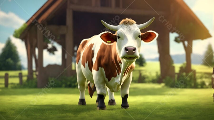 Vaca malhada branca e marrom no pasto verde ensolarado com celeiro rústico