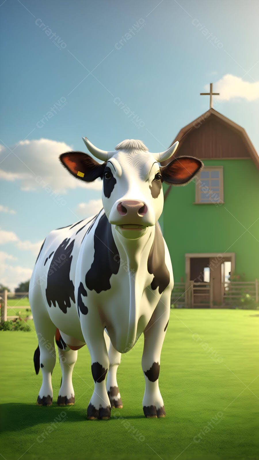 Vaca holandesa preta e branca em pasto verde com celeiro