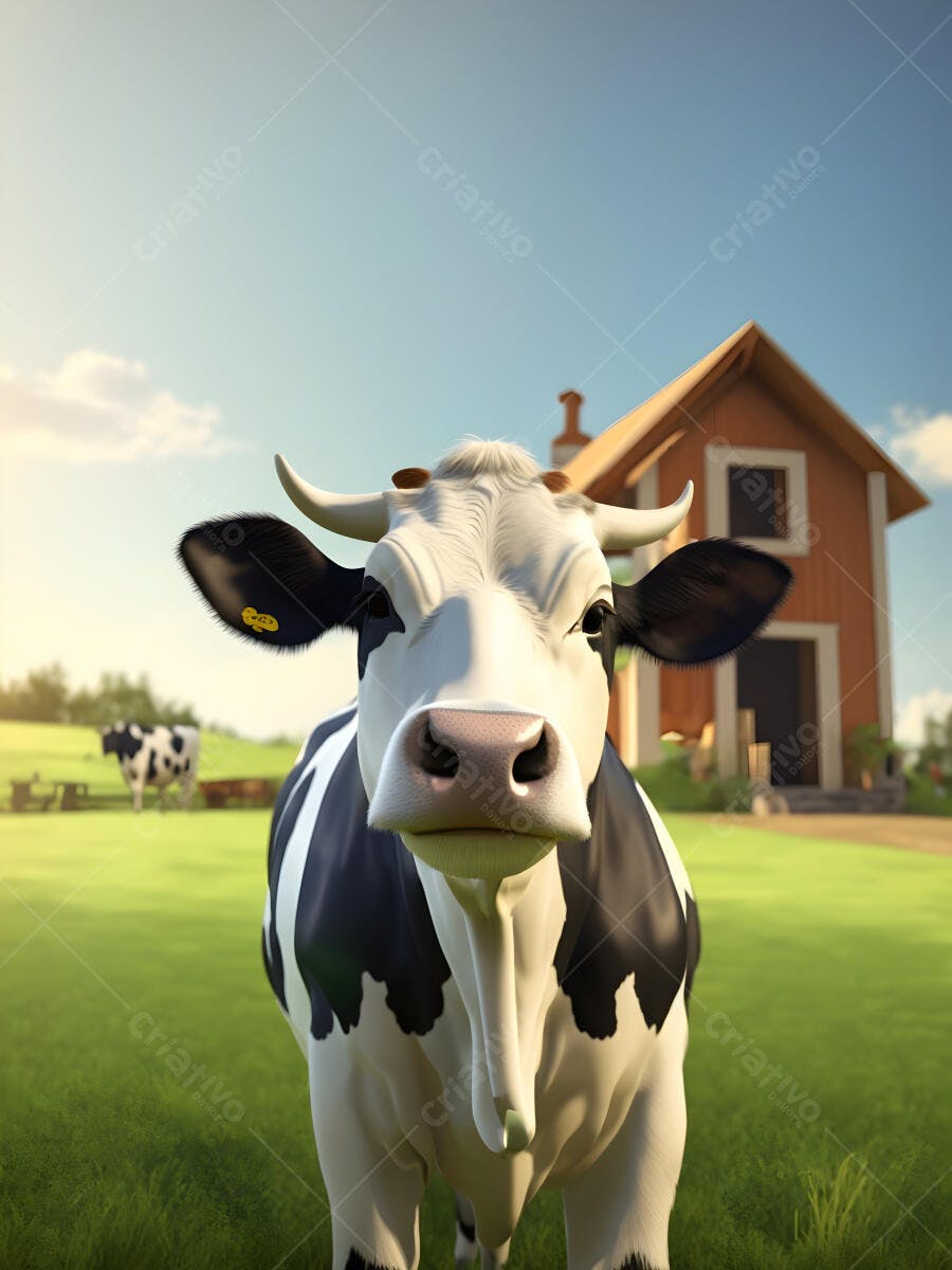 Vaca preta e branca em pasto verde com fazenda ao fundo
