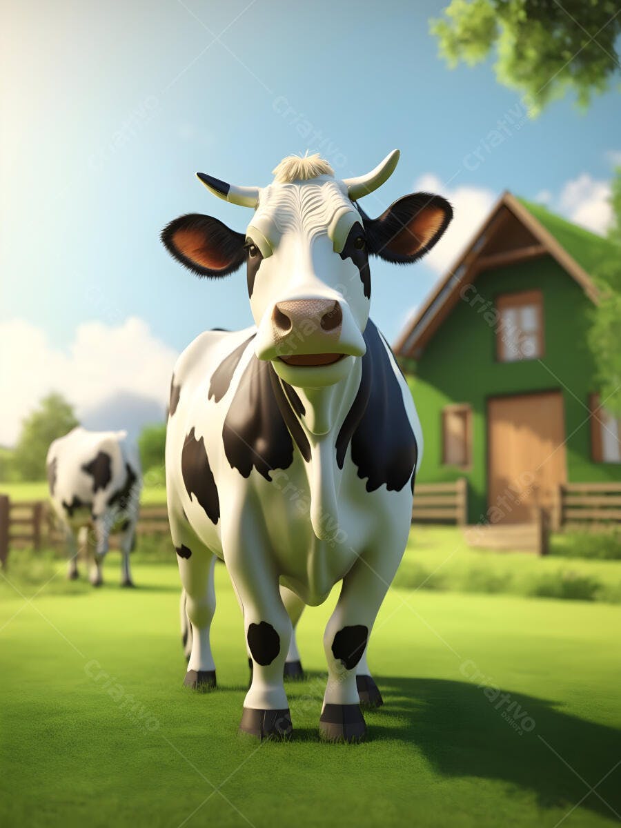 Vaca malhada preta e branca em pasto verde com fazenda ao fundo