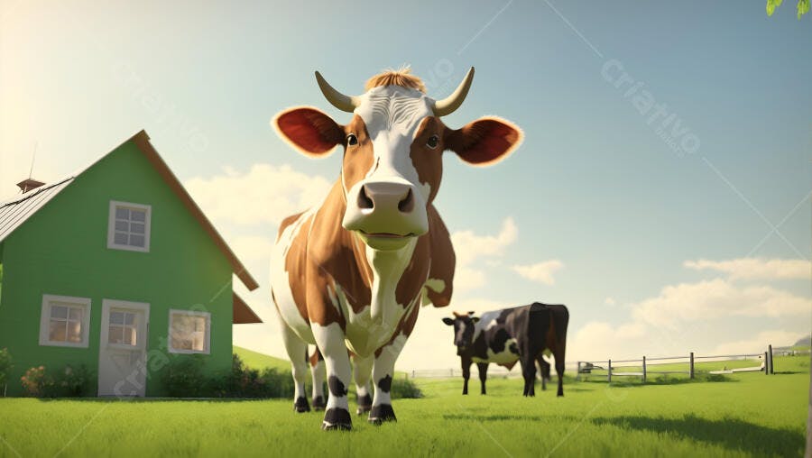 Vaca marrom e branca em pasto verde com casa de fazenda ao fundo