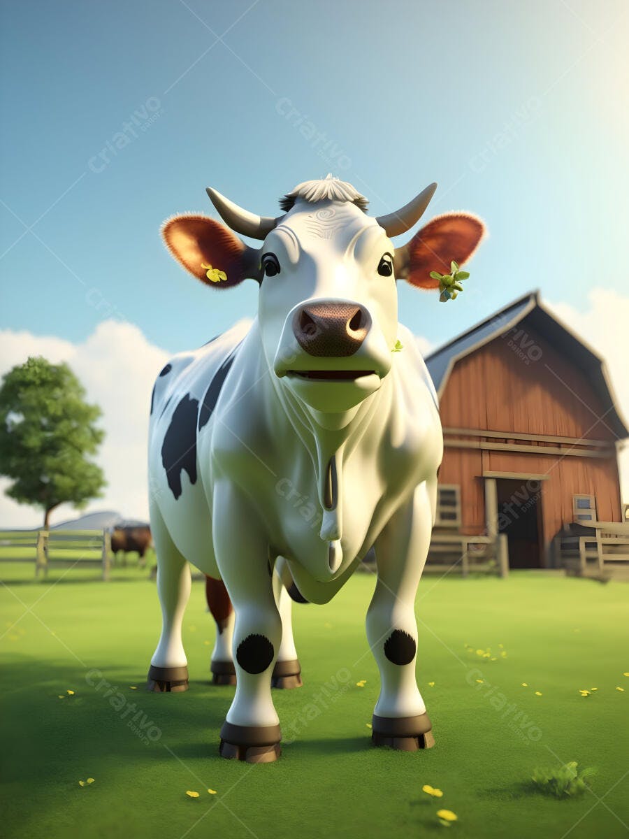 Vaca holandesa preta e branca em pasto verde ensolarado na fazenda