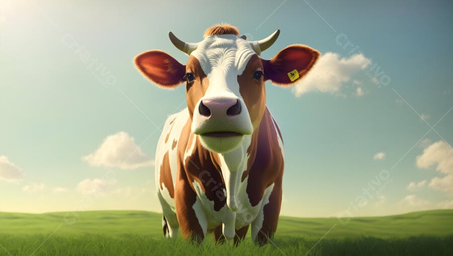 Vaca marrom e branca com brinco amarelo em pasto verde sob céu azul claro