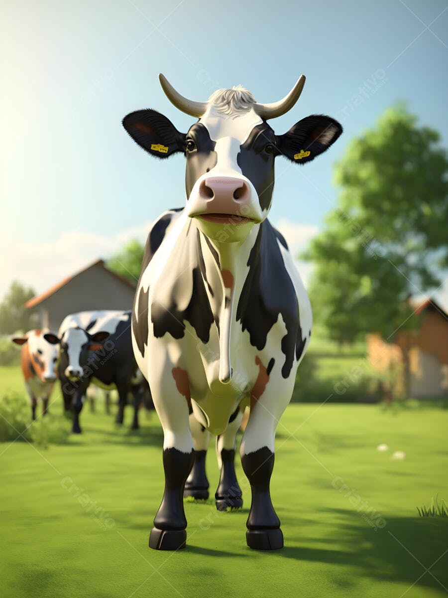 Vaca preta e branca com chifres em pasto verde ensolarado