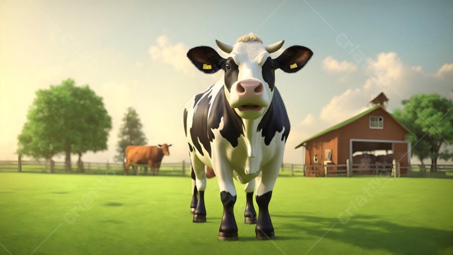 Vaca holandesa preta e branca em campo verde na fazenda com celeiro dia ensolarado